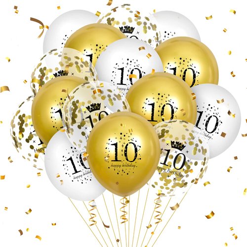 10th Birthday Balloons 15Pcs White Gold Happy 10th Birthday Latex Balloons Confetti Balloons White Gold 10th Anniversary Birthday Party Decorations Balloons for Girls Boys Birthday Supplies 12 inch