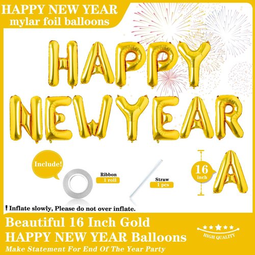 16 Inch Gold Happy New Year Letter Balloons, Big 2025 Happy New Year Letter Balloons Foil Gold Balloons for 2025 Happy New Year Eve Celebration Decorations Party Supplies New Years 2025 Balloons Gold