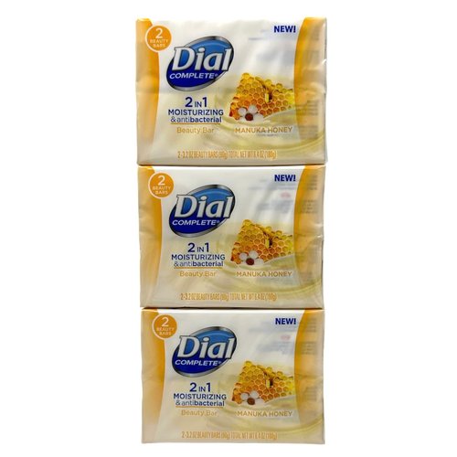 Dial Complete Beauty Bar Soap - 2 in 1 Moisturizing & Antibacterial - Manuka Honey - 3 Count 3.2 OZ Beauty Bars Per Package - Pack of 2 Packages