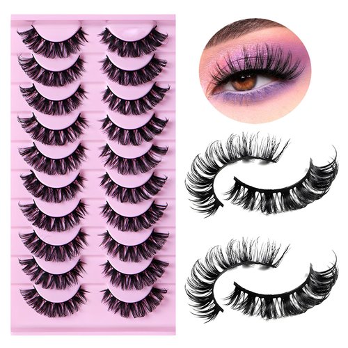 LuckForever 10 Pairs False Eyelashes Russian Strips Eye Lashes Wispy False Lash Fluffy Eyelash Extension Natural Look D Curly Volume Fake Eyelashes Reusable Eye Lash for Women Girls