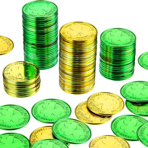 240 Pieces St. Patrick&#39;s Day Shamrock Coins Plastic Lucky Clover Coins Green and Gold Shamrock Lu...
