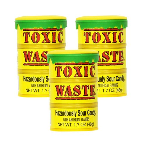 TOXIC WASTE | 3-Pack Toxic Waste Original Yellow Drums of Assorted Sour Candy - 5 Flavors: Apple, Watermelon, Lemon, Blue Raspberry, and Black Cherry (1.7 oz)