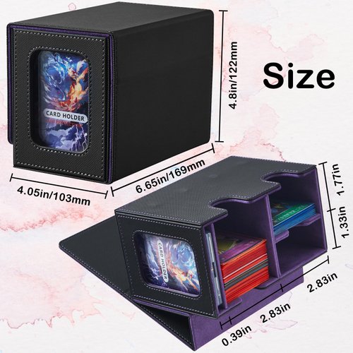 FOTEEMO Deck Box Compatible with Mtg Cards, Prime Card Display Commander Box Magic The Gathering Deck Box Holding 250+ Sleeveless Trading Card Deck Box Card box with Dice Tray (Black&Purple)