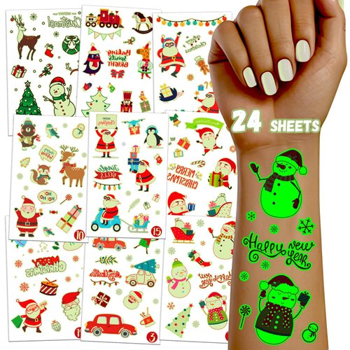 24 Sheets Temp Tattoos for Christmas Advent Days, 336 Styles of Christmas Party Favors and Supplies for Kids, Waterproof Long Lasting Party Decoration Kit for Girls and Boys (Luminous)