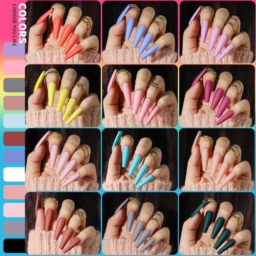 Teenitor Long Press On Nails Kit 24 Color Long Coffin Nail Tips Full Cover, 576pcs Long Coffin Press On Nails Long Coffin Fake Nails, Matte Press On Nails Long, Long Coffin Glue On Nails