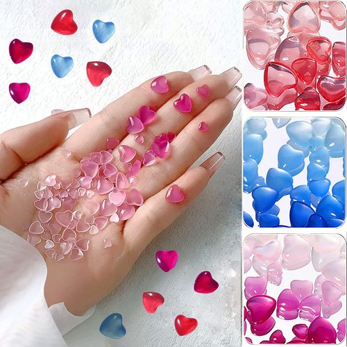 SANNXIX 300Pcs 3D Heart Nail Charms Mixed 4/6/8mm Acrylic Nail Decorations That Change Color Under The Sun Peach Heart Rhinestone Gemstone Nail Supplies Women DIY Nail Art Decorations