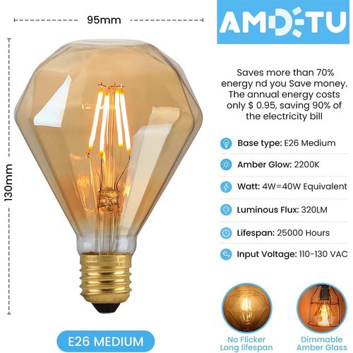 40watt Decorative Light Bulb,Diamond Glass Vintage Nostalgic LED Edison Light Bulb Dimmable,Warm Light 2200k Atmosphere Lights,for Living Room,Bedroom,Lamps,Night Light,Vanity Fancy Light Bulbs 2pack