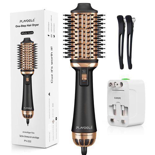 Plavogue Dual Voltage Blow Dryer Brush for European Travel - 110V-240V Hot Air Brush with Volumizer, Negative Ionic Anti-Frizz - Styling Brush with Ceramic Coating for All Hair Types, Oval Shape