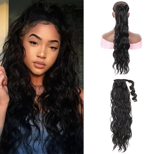 Youthfee 25” Water Waves Easy Quick Fastening Wrap Around Ponytail with a Bow Tie Hair Extensions for Women Pretty Soft and Natural Looking Curly Wavy Synthetic Hair Pieces