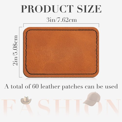 60 Pcs Blank Leatherette Hat Patches with Adhesive Rustic Leatherette Rectangle Patch Faux Leather Patches for Hats Custom Fabric Repair Sew Laser Supplies (Khaki,3 x 2 Inch)