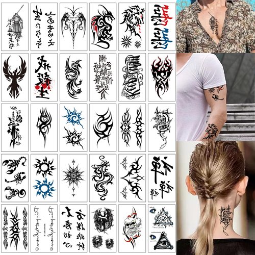 30 Sheets Black Temporary Tattoos for Men Girls Women Cool Fake Tattoo Stickers Waterproof Body Art Finger Temp Tattoo Paper