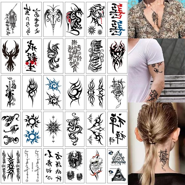 30 Sheets Black Temporary Tattoos for Men Girls Women Cool Fake Tattoo Stickers Waterproof Body Art Finger Temp Tattoo Paper