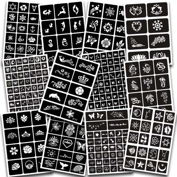 12 Sheets Henna Tattoo Stencils Kit Reusable for Women Girls and Kids, 300+ PCS Tattoo Stencil,Temporary Indian Arabian Glitter Airbrush Tattoo Stencils for Face Body Paint DIY
