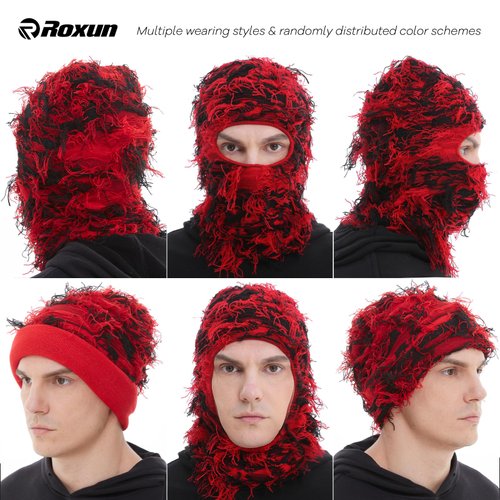 ROXUN Distressed Balaclava Ski Mask, Shiesty Yeat Airsoft Custom Camo Knitted Face Mask for Men/Women Red Mixed