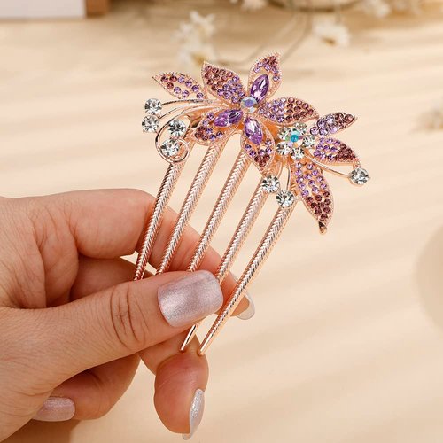 Jumwrit Wedding Crystal Hair Comb Colorful Rhinestone Flower Floral Hair Side Comb Rose Gold Leaf Hair Clip Comb Vintage Bride Bridesmaid Headpiece Bridal Hair Jewelry for Women Girls(Purple)