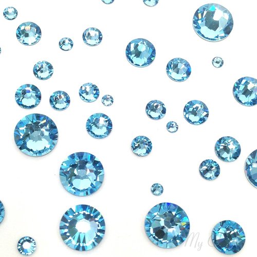 AQUAMARINE (202) lake blue 144 pcs Swarovski 2058/2088 Crystal Flatbacks lake blue rhinestones nail art mixed with Sizes ss5, ss7, ss9, ss12, ss16, ss20, ss30