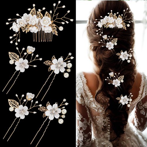 5 Pcs Bridal Wedding Hair Pins Crystal Pearl Hair Clips with White Flower Gold Leaf Flower Headpiece Vintage Wedding Hair Accessories Rhinestone Jewelry Hair Side Combs Slides for Women Girls