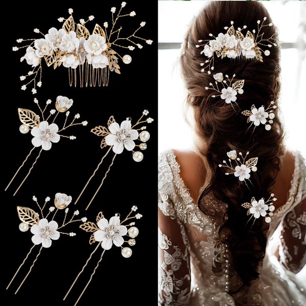 5 Pcs Bridal Wedding Hair Pins Crystal Pearl Hair Clips with White Flower Gold Leaf Flower Headpiece Vintage Wedding Hair Accessories Rhinestone Jewelry Hair Side Combs Slides for Women Girls