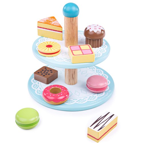 Bigjigs Toys Wooden Cake Stand with 9 Wooden Play Food Cakes - Quality Toy Food for Toddlers & Children, Perfect Kids Wooden Kitchen Accessories for Afternoon Tea Parties