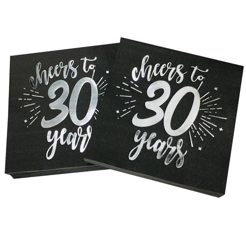 CHANGCAO50Pieces BlackandSilver30th Birthday Napkins30th Wedding Anniversary Napkins30th Birthday Decorative Men's and Women's Party Supplies Cocktail Napkins in a black, Cheers to 30 Years