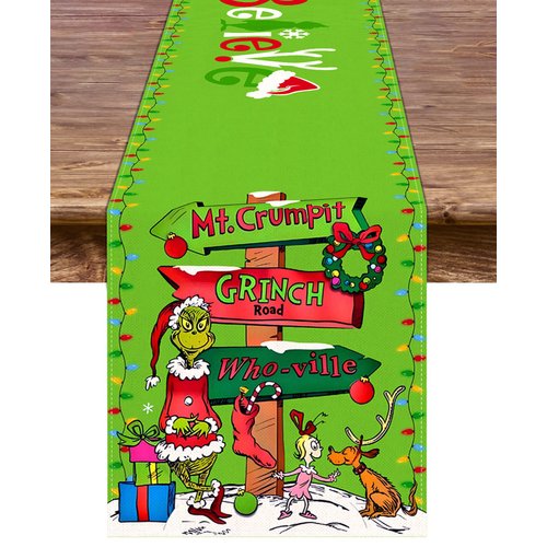 Grinchmas Table Runner Merry Christmas Winter Holiday Believe Theme Party Kitchen Dining Room Home Decoration (Green, 13" x 90")