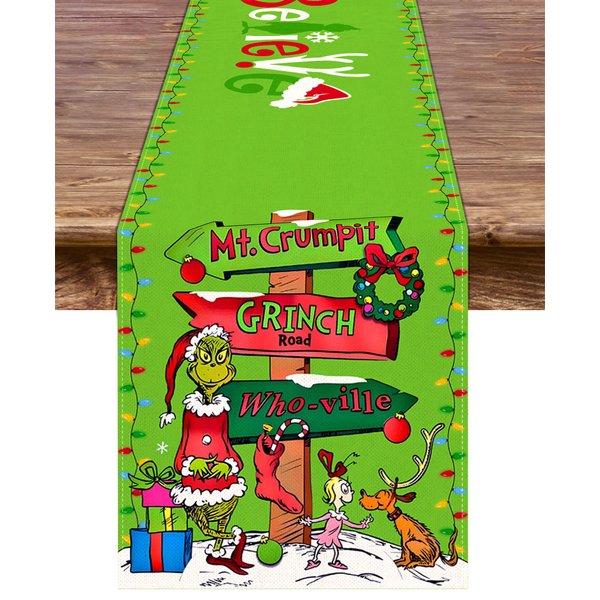 Grinchmas Table Runner Merry Christmas Winter Holiday Believe Theme Party Kitchen Dining Room Home Decoration (Green, 13" x 90")