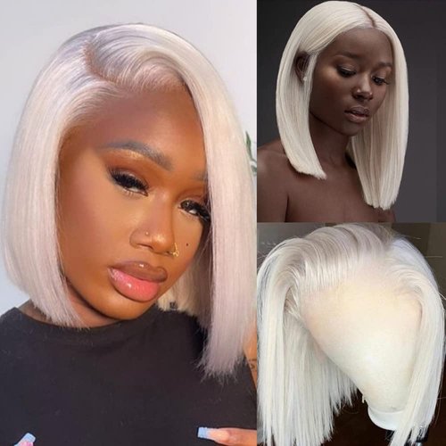 FENJUN Glueless Wigs HD Transparent Lace Frontal #60 Grey White Platinum Blonde Wigs Human Hair Short Bob Lace Front Wigs with Baby Hair Pre plucked Frontal 10'' Straight Ash Blonde Wigs for Women