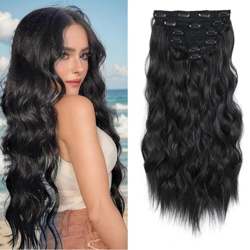 REAUTCOORS Clip in Hair Extensions, Long Wavy Synthetic Hair Extension22 Inch Jet Black 6PCS (220g 1#) (1#(Jet Black), 22inch)