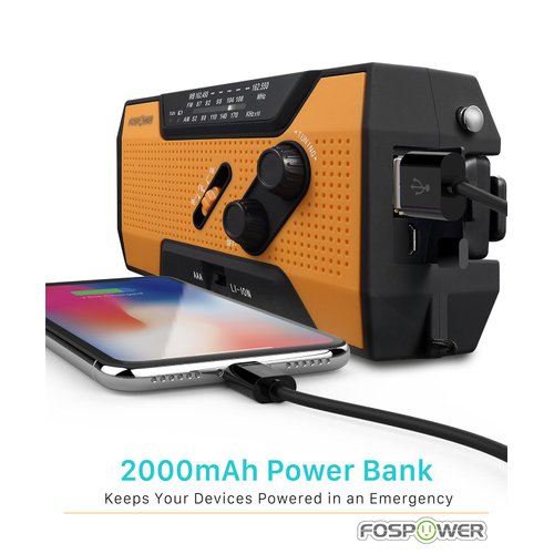 FosPower Emergency Weather Radio (Model A1) NOAA/AM/FM with 7400mWh Portable Power Bank, USB/Solar/Hand Crank Charging, Battery Operated, SOS Alarm & Flashlight for Indoor/Outdoor Emergencies