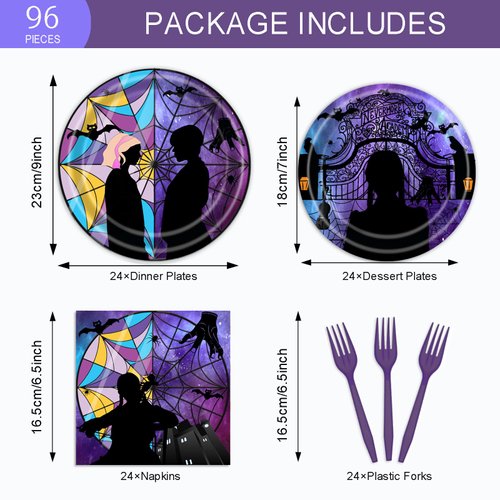 96 Pcs Wednesday Plates and Napkins Party Supplies Gothic Wednesday Party Supplies Including Wednesday Party Plates and Napkins Forks, Wednesday Party Favors Wednesday Birthday Decorations for Girls