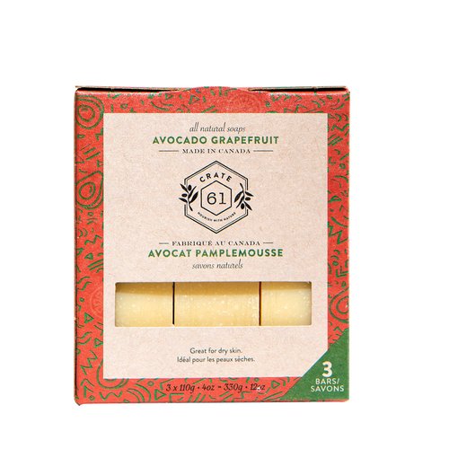 Crate 61, Handmade in Canada, Plant Based Cold Process Natural Bar Soap For Face And Body, With Premium Essential Oils, Eucalyptus & Peppermint For Men And Women 3 Pack (Avocado Grapefruit)