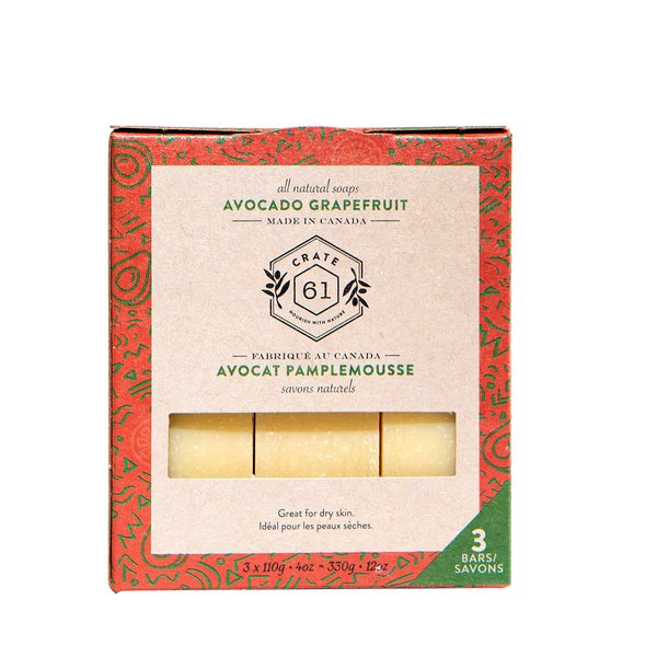 Crate 61, Handmade in Canada, Plant Based Cold Process Natural Bar Soap For Face And Body, With Premium Essential Oils, Eucalyptus & Peppermint For Men And Women 3 Pack (Avocado Grapefruit)