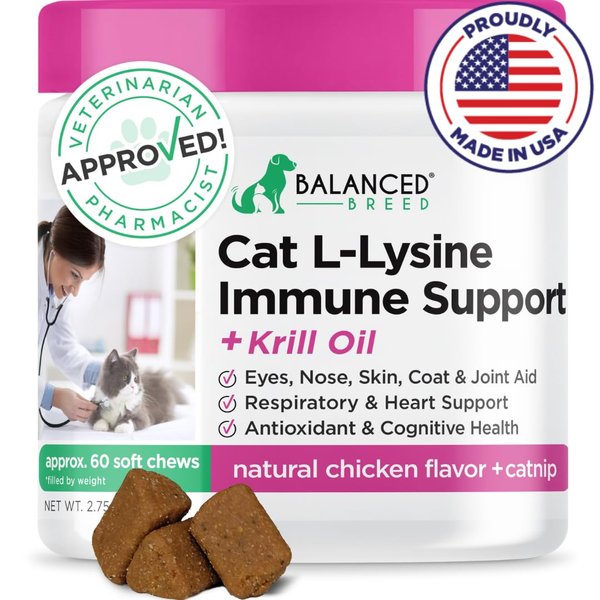 Balanced Breed L-Lysine Cats Immune Support Soft Chews Made in USA Non-GMO Vet-Pharmacist Approved Krill Oil Omega 3 Cat Vitamins Indoor Cats Supplements Asthma Relief Cat Lysine Allergy Relief 60 ct.