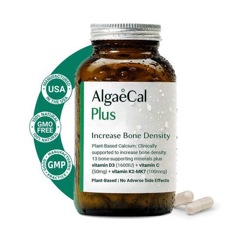ALGAECAL Plus - Organic Red Algae Calcium Supplement, Vitamin K2 MK7 (100mg), Vitamin D3 (1600 IU), Magnesium (350mg) & Trace Minerals, for Bone Health & Strength, Easy to Swallow, 120 Veggie Caps