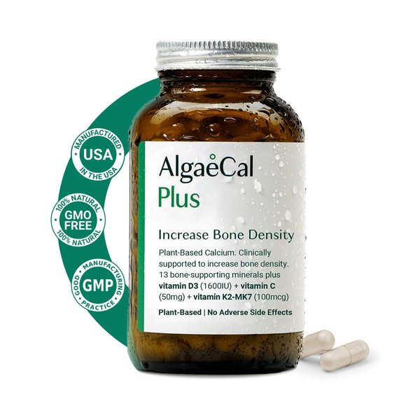 ALGAECAL Plus - Organic Red Algae Calcium Supplement, Vitamin K2 MK7 (100mg), Vitamin D3 (1600 IU), Magnesium (350mg) & Trace Minerals, for Bone Health & Strength, Easy to Swallow, 120 Veggie Caps