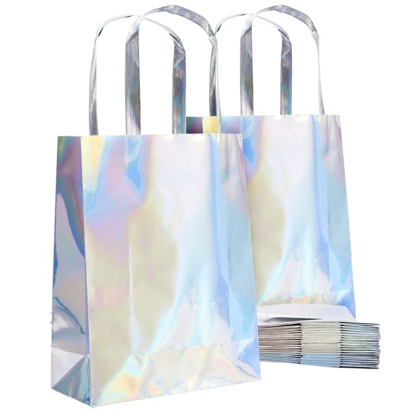 BLUE PANDA 20 Pack Holographic Foil Paper Gift Bags with Handles, Reusable Iridescent Gift Bags for Baby Shower, Birthday, Wedding, Party Favors, Goodies, Boutique (7 x 9 x 3 In)