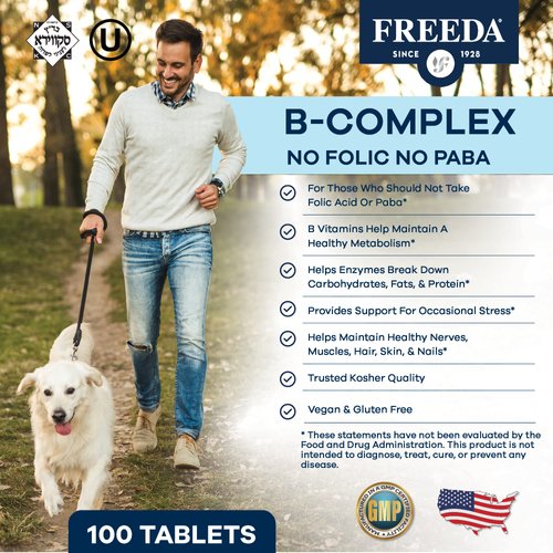 Freeda Vitamin B Complex No Folic No PABA - Super B Complex Kosher Vitamin Supplement with Vitamin B1 Vitamin B2 Vitamin B3 Vitamin B5 Vitamin B6 Vitamin B12 - Vit B Complex B for Women & Men (250 Ct)