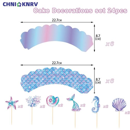 CHNIKNRV 24 Pcs Mermaid Cupcake Toppers and Wrappers Mermaid Party Decorations Mermaid Birthday Party Supplies for Mermaid Kids Under the Sea Birthday Party Decorations