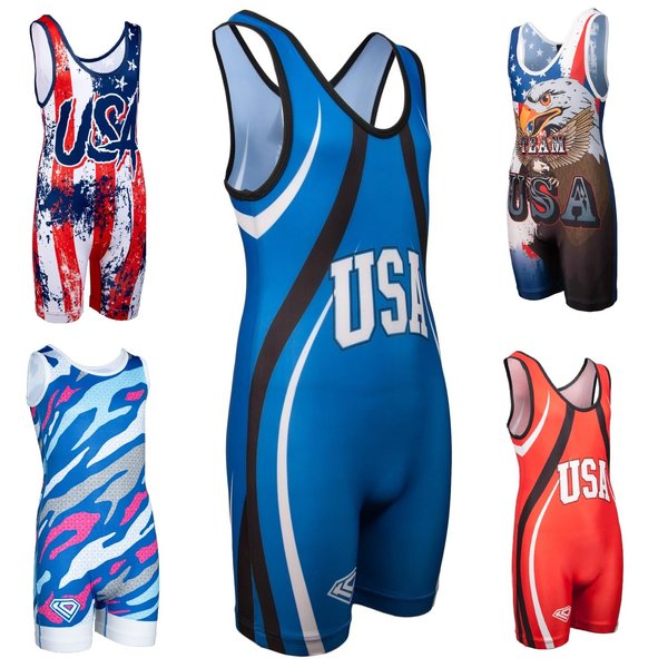 KO Sports Gear - Unisex Wrestling Singlet (USA Blue, Youth Medium)