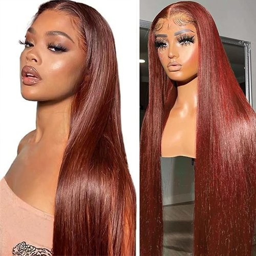 Fashowbeauty 24 Inch Reddish Brown Lace Front Wigs Human Hair 13x4 HD Transparent Straight Lace Frontal Wigs Human Hair Pre Plucked Glueless Auburn Copper Colored Human Hair Wigs for Black Women
