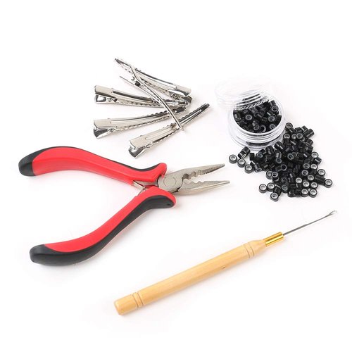 Hair Extensions Tools Kit for Hair Extensions: Pliers, Micro Pulling Needle, 100pcs Black Micro Link Rings Beads & 5pcs Silver Metal Alligator Hair Pins