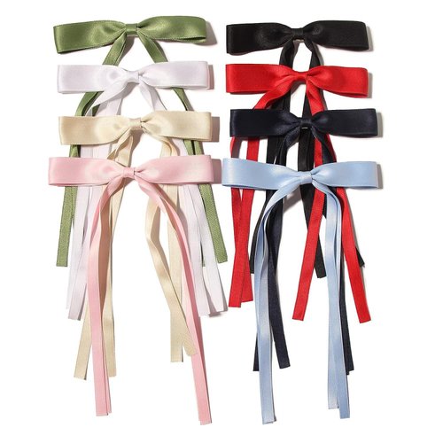 8Pcs Colorful Hair Bows for Women Girls,Satin Hair Ribbon with Long Tail Bowknot Hair Clip,Big Bow Clips and Barrettes with Tassel Hair Accessories (8 Color),Bow Hair Clips,Hair Accessories