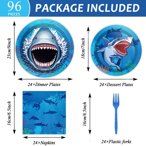 24 Guests Shark Theme Party Decorations Under the Sea Party Tableware Set Shark Baby Shower Plates Napkins and Forks Ocean Birthday Table Decorations Supplies 96Pcs