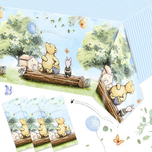Alohafall 3PCS Winnie Baby Shower Tablecloths Blue Classic Bear Party Tablecloth Disposable Thickened Plastic Table Cover for Boy Kids 1st 2rd Birthday Themed Party Decorations（54x108in）