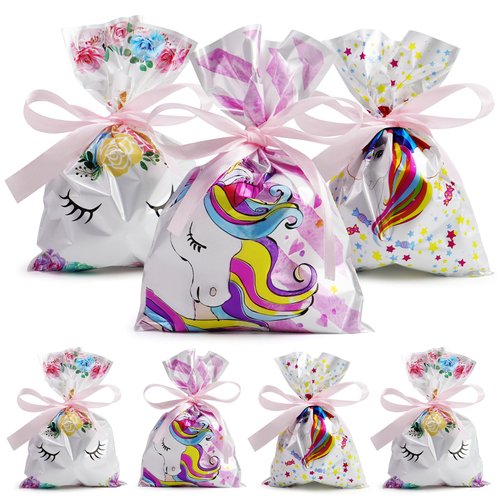 30 Pcs Candy Goodie Bags, Gift Wrap Bags For Goodie with Handles and Ribbon, Goody Bags for Kids Birthday, Return Gift Bags for Kids Classroom, Candy Theme Party Favor Gift Bag