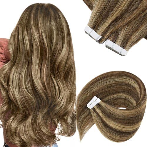 Sunny Hair Tape in Extensions Straight Skin Weft Tape in Hair Extensions Invisible Tape in Hair Extensions Human Hair 20Pcs Hair Extensions Real Human Hair Mediun Brown Highlight Caramel Blonde 24inch