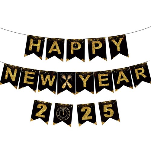 KALOR Happy New Year Banner, Black Gold Happy New Year 2025 Sign for Happy New Year Decorations 2025 New Years Eve Party Decorations