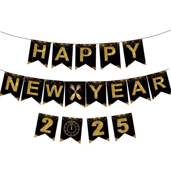 KALOR Happy New Year Banner, Black Gold Happy New Year 2025 Sign for Happy New Year Decorations 2025 New Years Eve Party Decorations