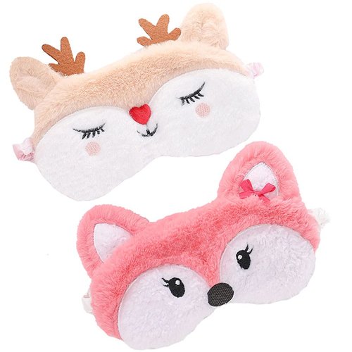 2 Pack Cute Animal Sleep Mask for Girls Cute Cartoon Fox Elk Soft Plush Blindfold Sleep Masks Eye Cover for Women Girls Travel Nap Night Sleeping