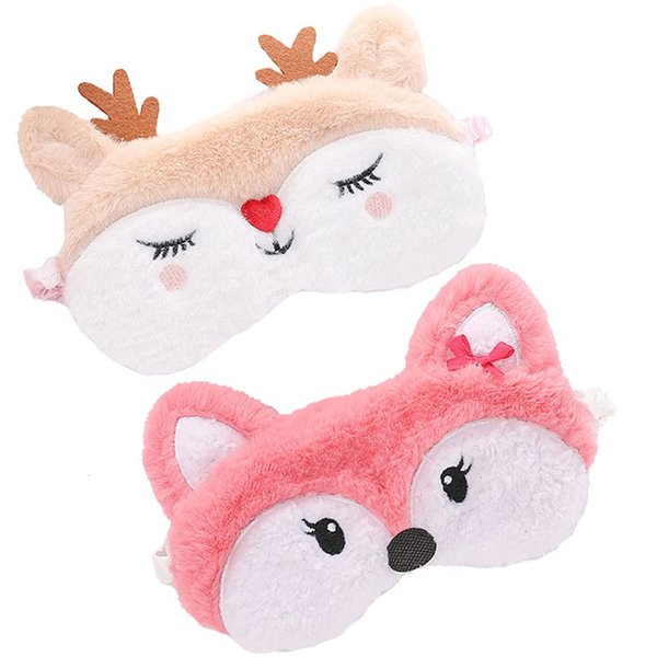 2 Pack Cute Animal Sleep Mask for Girls Cute Cartoon Fox Elk Soft Plush Blindfold Sleep Masks Eye Cover for Women Girls Travel Nap Night Sleeping